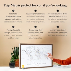 Może przedstawiać: Zobrazowana mapa świata w ramie z pinezkami zaznaczającymi lokalizacje. Mapa jest biała z niebieskimi i złotymi akcentami. Tekst "Travel is the only thing you buy that makes you richer" jest wydrukowany na dole mapy.