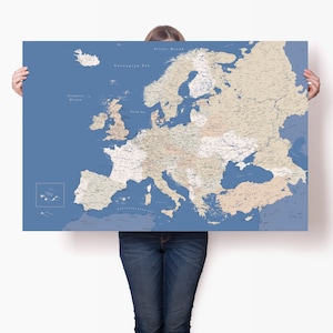 Europe Travel Poster Blue - Personalized Detailed Europe Continent Map - Large Europe Wall Art - Wedding Anniversary Gift - Trip Map