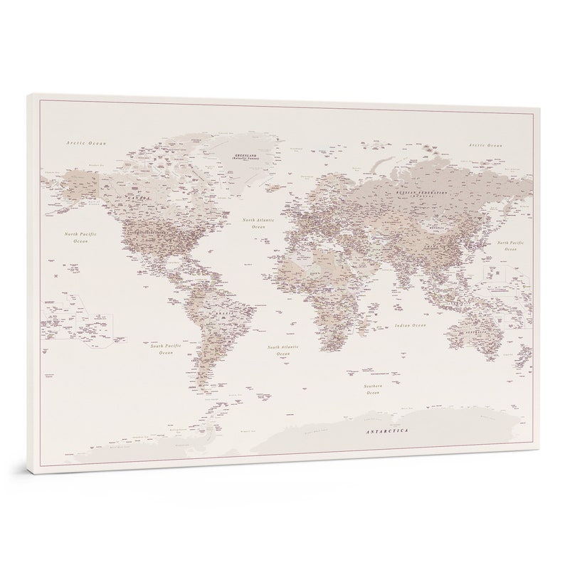 Desert Sand push pin world map to mark places visited. Light yellow personalized cork travel map wall art. Pinnable detailed map of places I have been. Large beige  pinboard map to mark travels. Pinnwand weltkarte kork zum markieren leinwand.