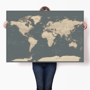 Grande affiche de carte du monde classique, art mural de carte du monde détaillée précise, impression de voyage sur toile unique, belle idée cadeau personnalisée
