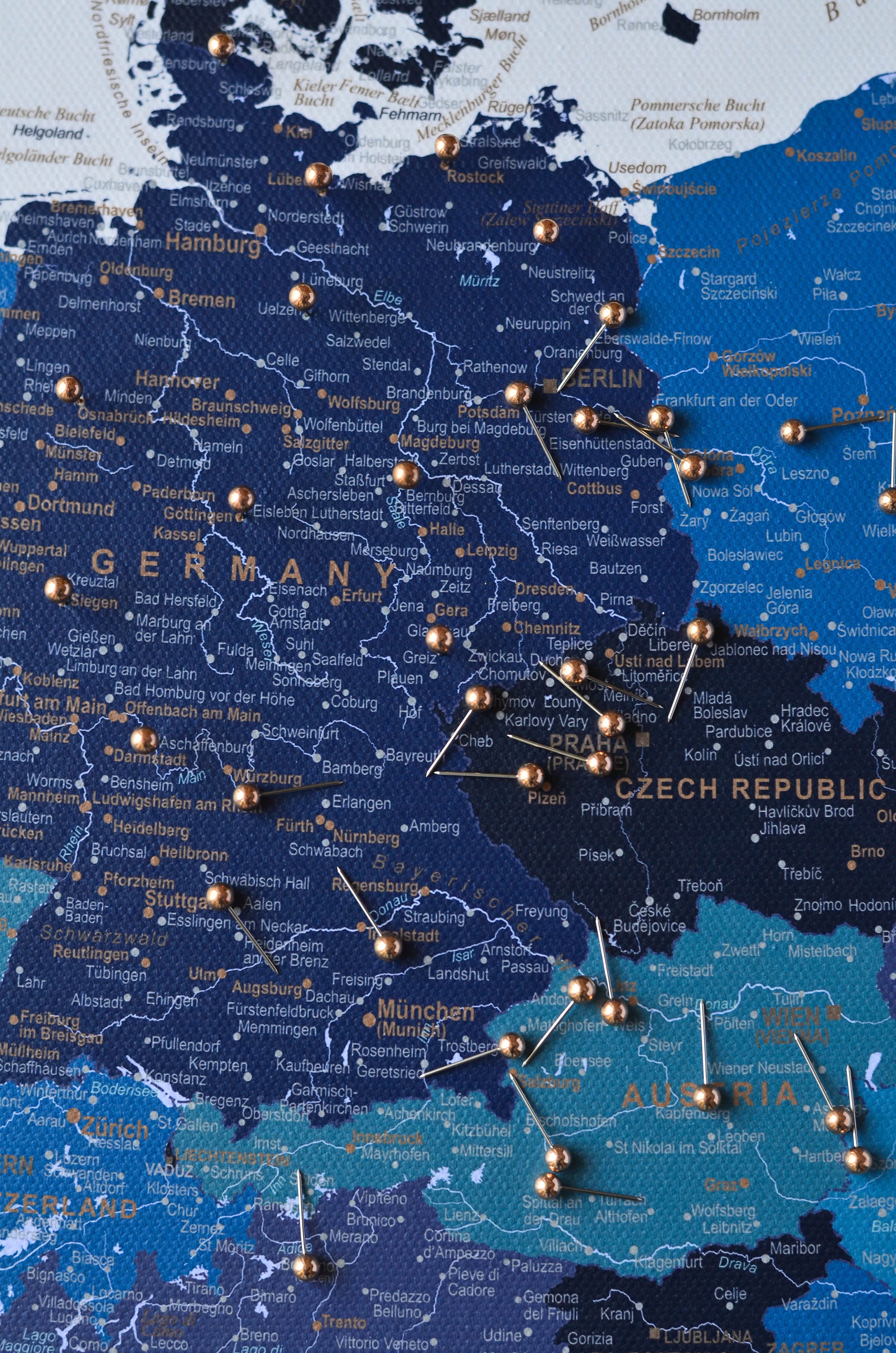 Europe Map Push Pin Canvas Detailed - Navy Blue Canvas Travel Pin Board ...