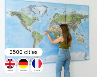 Relief World Map with Pins, Push Pin Travel Map to Track Places Visited, Detailed Traveler World Canvas Pinboard to Mark Where You've Been