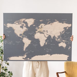 Push Pin World Map Wall Art, Large Places Visited Pin Board to Mark Travels, Personalized Pinnable Canvas with States/Cities, XL Travel Gift