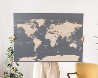 Push Pin World Map Wall Art, Large Places Visited Pin Board to Mark Travels, Personalized Pinnable Canvas with States/Cities, XL Travel Gift