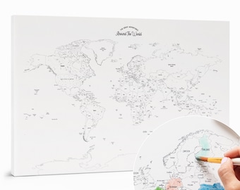 Overschilderbare punaise wereldkaart, kleurplaten Places I've Been Travel canvas, gepersonaliseerd leeg prikbord met landen, DIY aquarelkaart