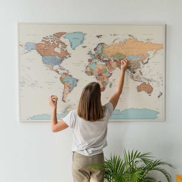 Places You've Been World Map, Large Detailed Push Pin Travel Map, Visited Countries Pin Board Wall Art, Personalized Travel Tracker Canvas