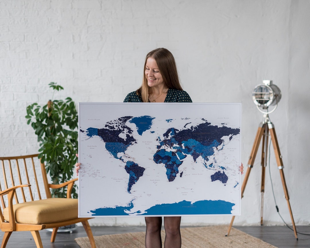 Detailed Push Pin World Map Navy Blue, Canvas to Mark Places You've ...