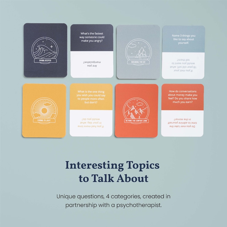 May include: A set of 6 colorful cards with thought-provoking questions to spark conversation. Each card features a unique illustration and a question related to personal growth and self-reflection. The cards are designed to encourage deeper conversations and self-discovery.