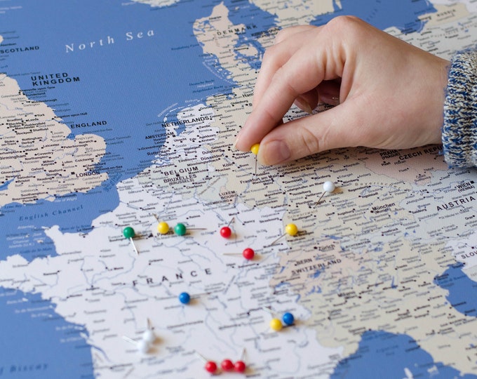 Europe Map Push Pin Canvas Detailed - Navy Blue Canvas Travel Pin Board ...