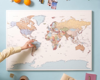 Framed Push Pin World Map to Mark Places You've Been: Personalized Travel Tracker, 100 Pins, Large Canvas Sizes, Detailed Locations Pinning