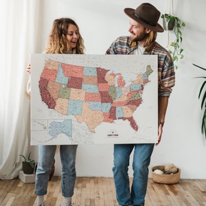 Push Pin Bunte US Karte, personalisierte Reisemarkierung Pinnwand Leinwand, USA National Parks Abenteuer Wanddekor, bereiste Orte Dekoration