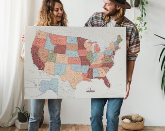 Push Pin Colorful US Map, Personalized Travel Marking Pin Board Canvas, USA National Parks Adventure Wall Decor, Places Traveled Decoration