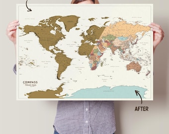 Large Detailed Scratch off World Map: Travel Map for Places You've Visited, States Outlined, 2267 Cities Marked, Golden Color Foil