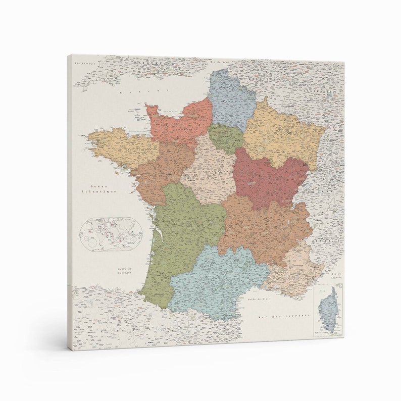 france travel map colorful, personalized france travel map, detailed map of france with cities and town, framed poster france, travel decor ideas, large france map with pins, france wall art, push pin france map to mark places visited