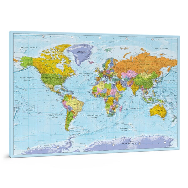 Political Push Pin World Map - Detailed Traditional Map Wall Art - Travel Map Pin Board to Mark Travels - Large Places You Have Been Map