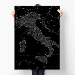 Stampa su tela della mappa dettagliata dell'Italia, grande mappa turistica dell'Italia che mostra le regioni, decorazione da parete per viaggiatori con spille, regalo personalizzato ispirato all'Italia