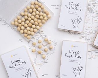 Wooden Map Push Pins - Round Head Tacks with Stainless Point - Natural Wood Color - Marking Pins - 50 pc
