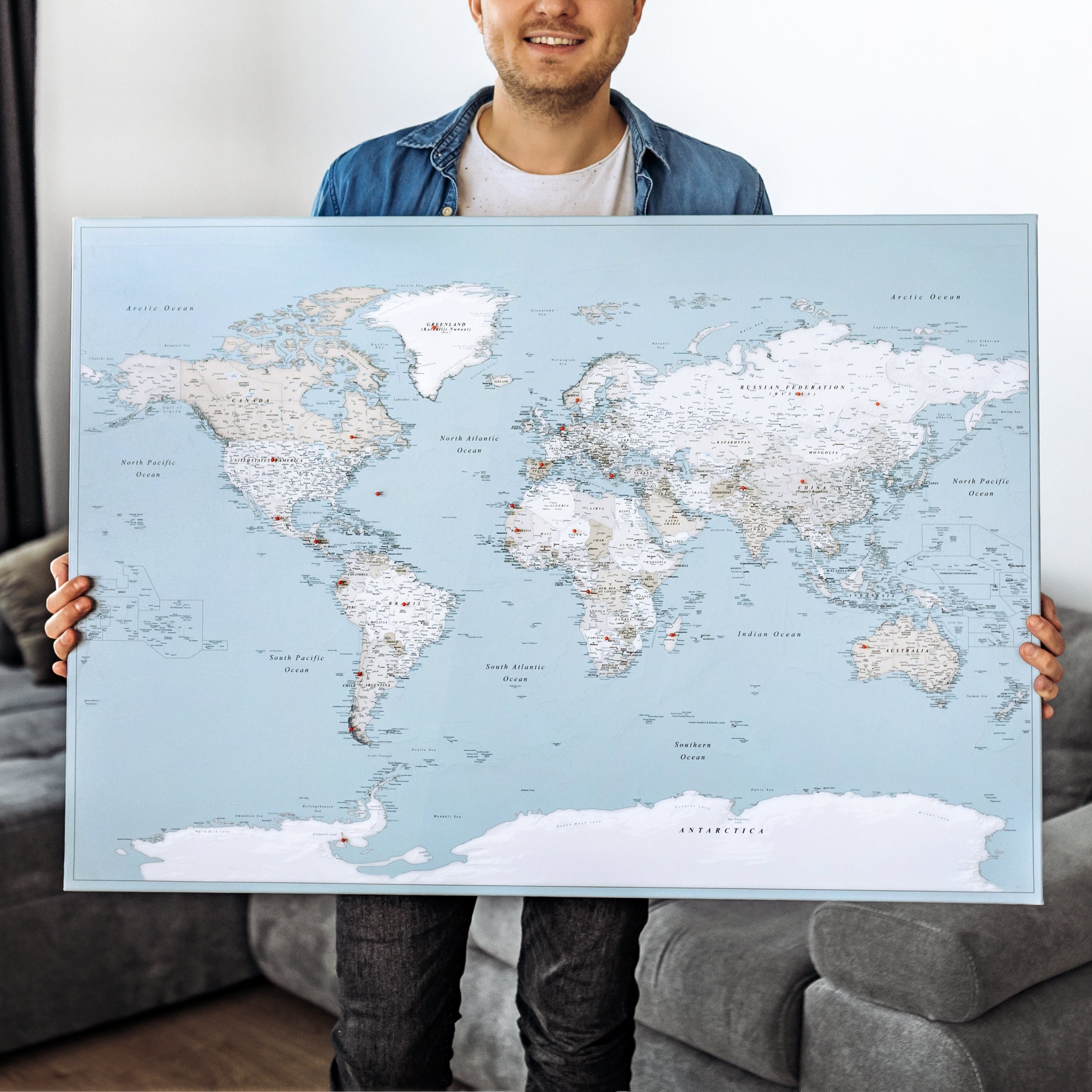Push Pin World Map - Detailed Light Blue Canvas Travel Pin Board ...