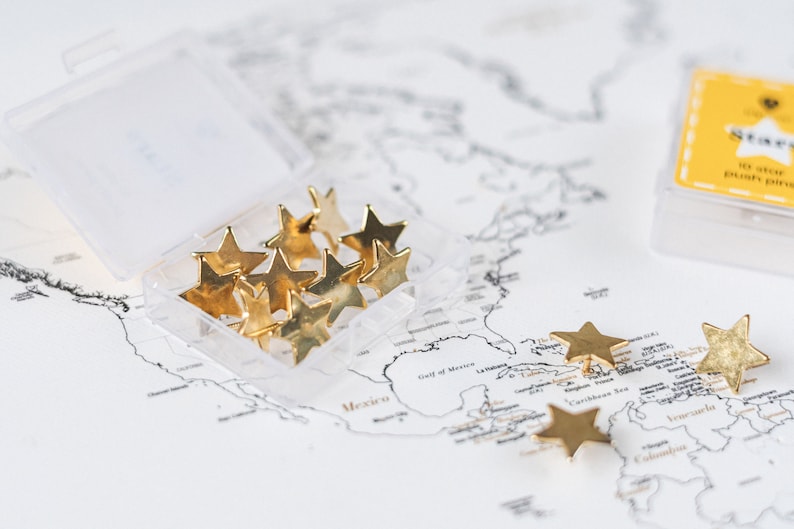 Map Pin Rounded With Star Gold Stars Map Push Pins - Tacks With Stainless Point - Marking Pins ...