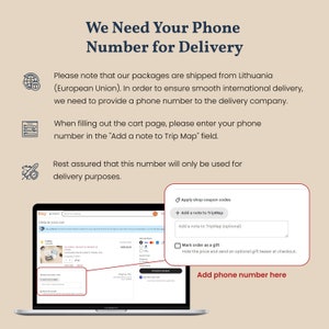 May include: Screenshot of an Etsy checkout page with a note to add a phone number for delivery. The note explains that packages are shipped from Lithuania and a phone number is needed for smooth international delivery. The note also says that the phone number will only be used for delivery purposes.