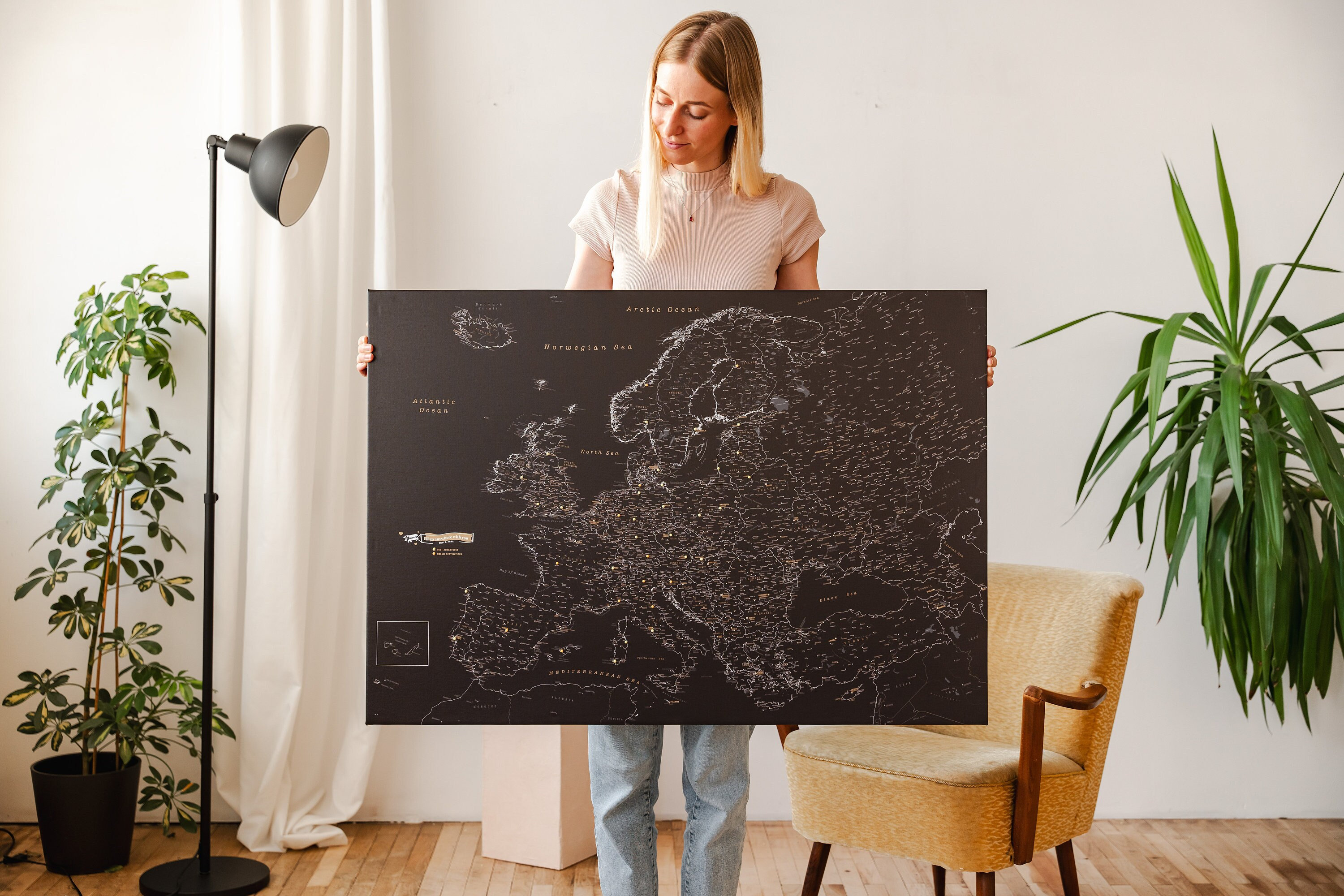 Push Pin Europe Map with Cities to Mark Places I've Been, Detailed European Pin Board Canvas, Pinnable Personalized Family Travel Tracker