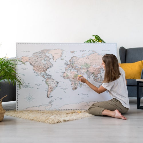 Vintage Push Pin World Map Canvas Travel Map Pin Board Etsy