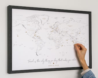 Push Pin World Map Small Framed Canvas, Places Traveled Map Wall Art, Personalized Pin Board to Mark Where You've Been, Pinnable Travel Map
