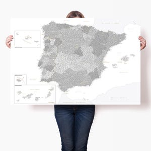 Grande art mural carte de l'Espagne, affiche de carte du Portugal avec épingles, impression de voyage détaillée avec villes, régions, îles, cadeau personnalisé sur le thème de l'Espagne