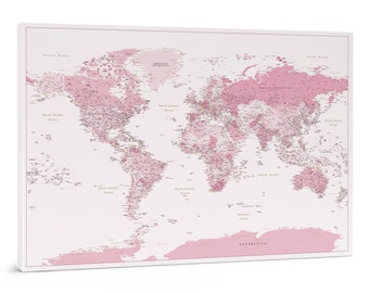 Pink Push Pin World Map, Canvas Traveller Pinboard, Pinnable Travel Traker to Mark Places You've Been, Personalized Visited Countries Art