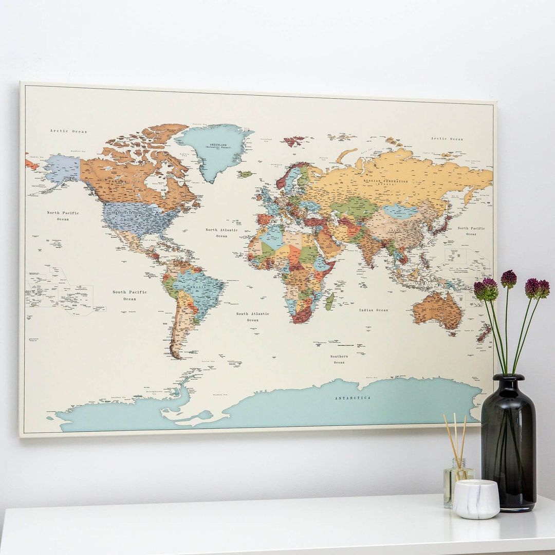 World Map Pin Board With Cities, Push Pin Canvas to Mark Where You Have ...