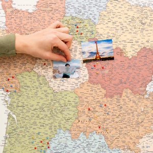 france travel map colorful, personalized france travel map, detailed map of france with cities and town, framed poster france, travel decor ideas, large france map with pins, france wall art, push pin france map to mark places visited