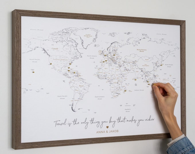 Wedding Gift for Traveling Couples, Preset for Newlyweds Who Like to Travel a Lot, Personalized Push Pin World Map for Couples Bucket List