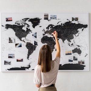 Black Push Pin World Map High Detailed - Places I Have Been Map - Canvas Map Wall Art - Personalized Map with Pins to Mark Travels - TripMap