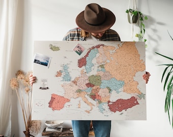 Push Pin Europe Map with Pins - Large Canvas Travel Pin Board - Detailed Colorful Europe Wall Art - Places I've Been Map to Track Travels
