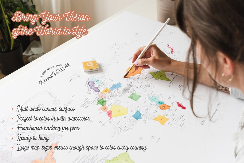 Paintable World Map Push Pin, Coloring Places I've Been Travel Canvas ...
