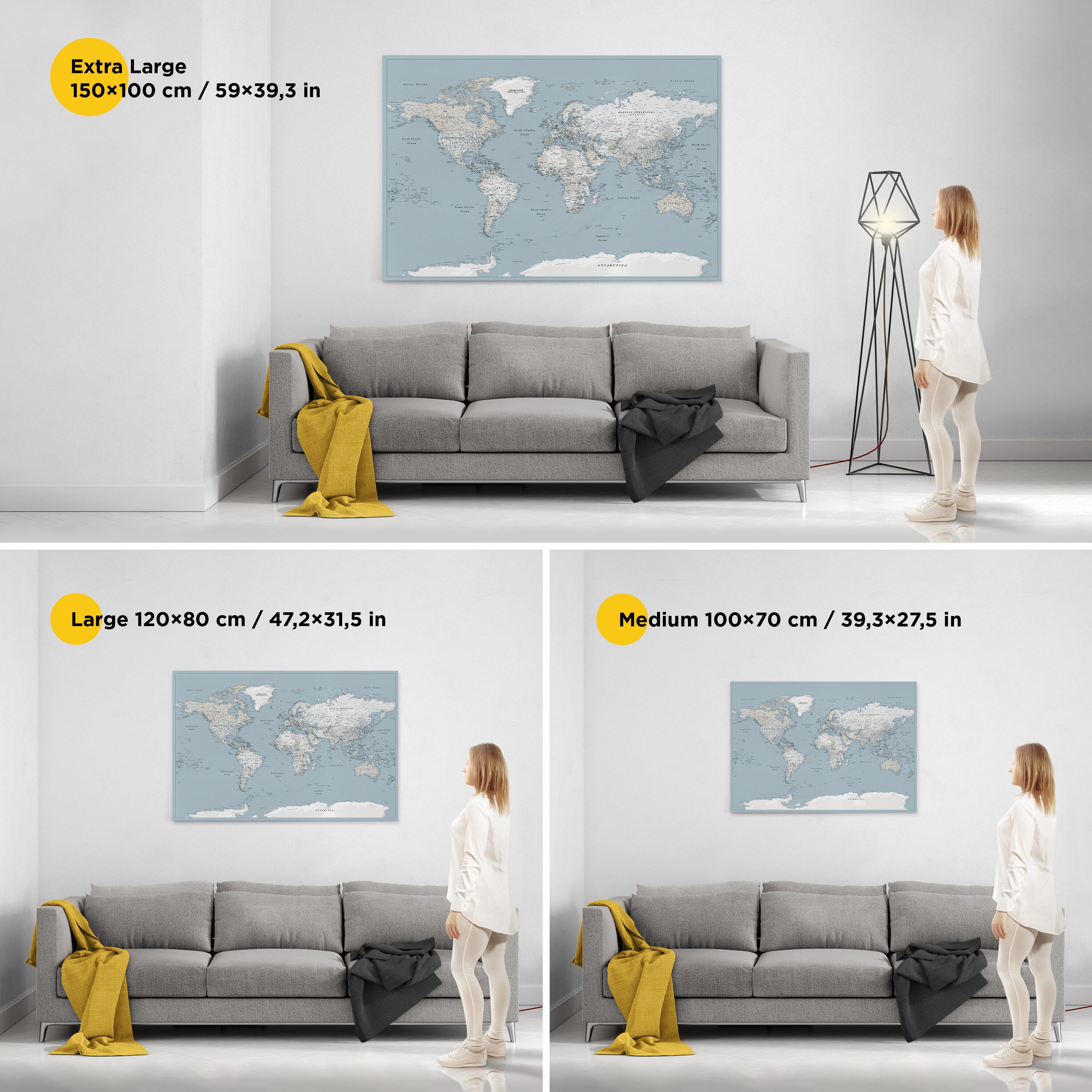 Push Pin World Map - Detailed Light Blue Canvas Travel Pin Board ...