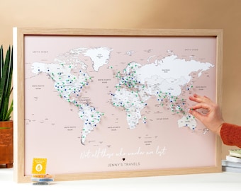 Small Framed Word Map with Pins, Push Pin Travel Map to Show Where You've Been, Unique Personalized Wedding Engagement Gift for Friends