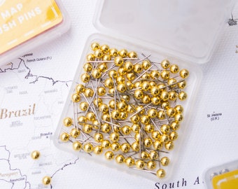 Map Push Pins Gold - Tacks à tête ronde avec point inoxydable - Finition métallique - Broches de marquage - 100 pc
