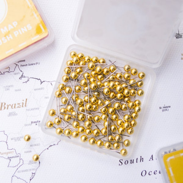 Map Push Pins Gold - Tacks à tête ronde avec point inoxydable - Finition métallique - Broches de marquage - 100 pc