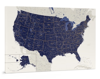 US Map Push Pin Canvas, Places Traveled Pin Board with States Cities, Large Wall Art Decor for Pinning Adventure Destinations, Pinnable USA