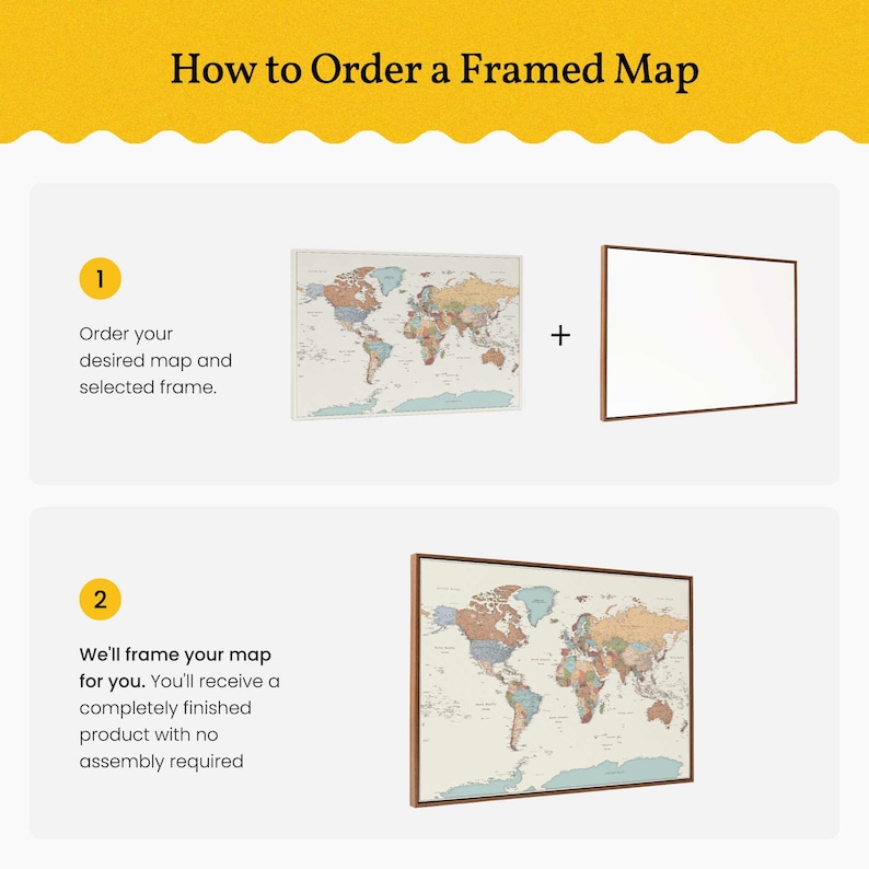 May include: An instructional graphic titled "How to Order a Framed Map." It shows a world map with a brown frame, and a blank frame. The text explains the process: order map and frame, then the map is framed.
