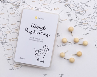Wooden Map Push Pins - Round Head Tacks with Stainless Point - Natural Wood Color - Marking Pins - 50 pc