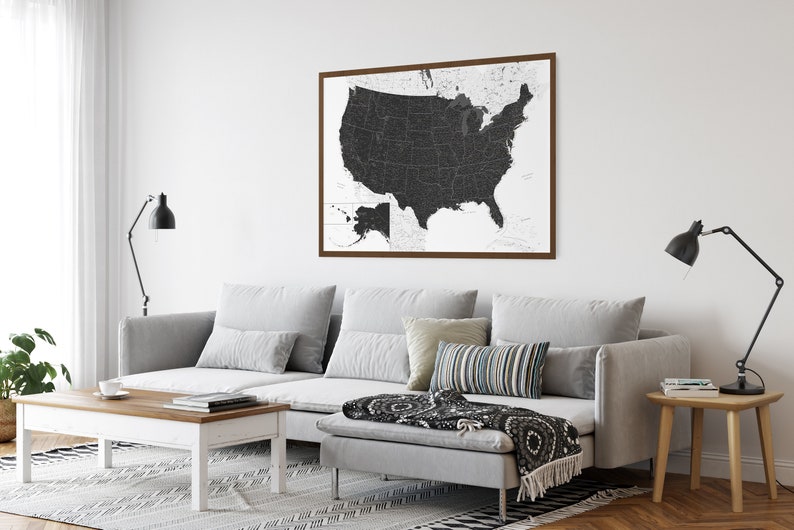 Black and White USA States Map Poster Large Print Map of the | Etsy