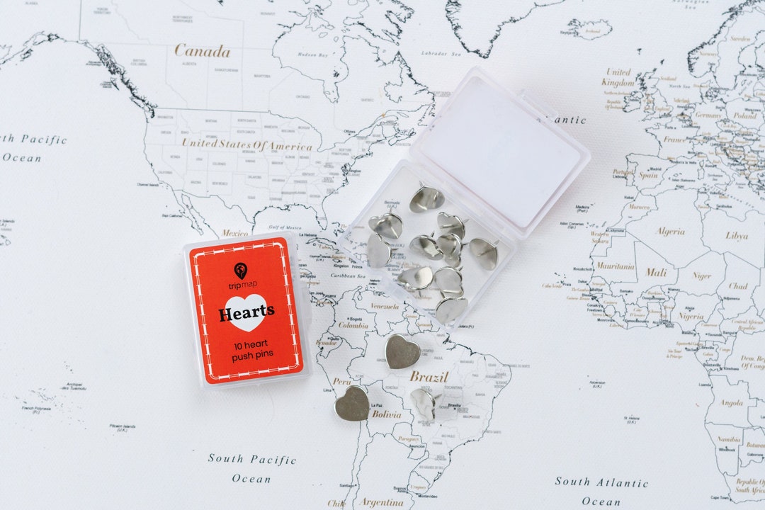 Silver Heart Map Push Pins - Tacks With Stainless Point - Marking Pins ...