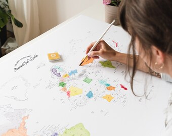 Color in World Map Push Pin - Coloring Places I have Been Travel Canvas - Personalized White Map with Countries and Capitals - Pinboard Art