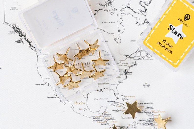 Map Pin Rounded With Star Gold Stars Map Push Pins - Tacks With Stainless Point - Marking Pins ...