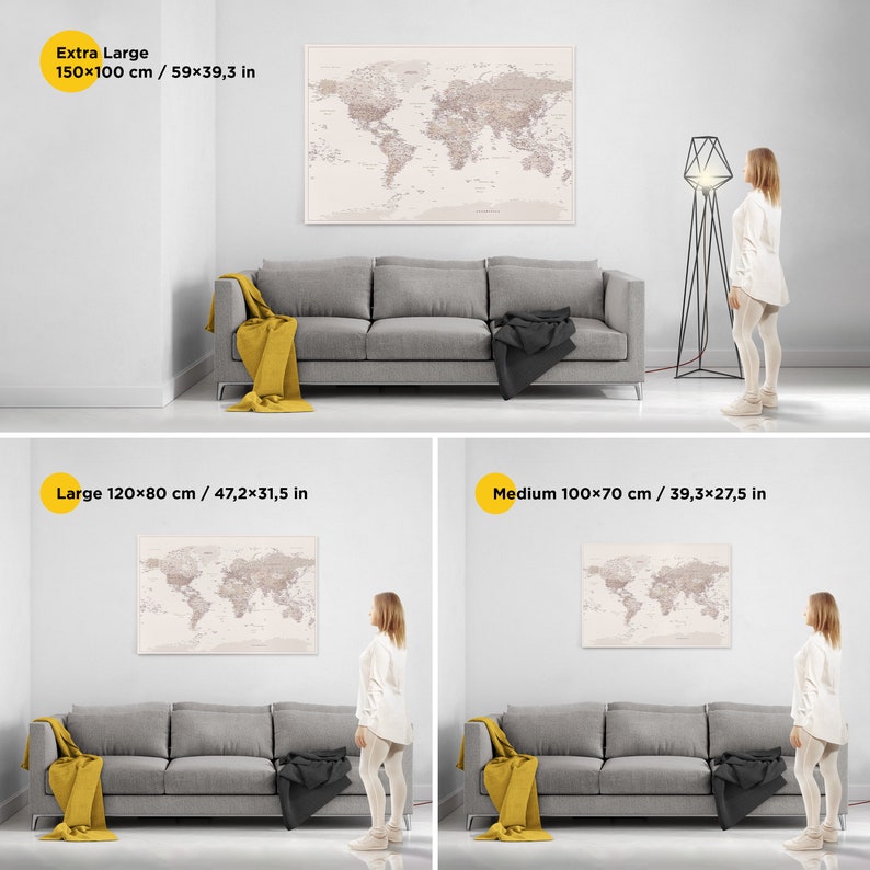 Large pinnable world map.Desert Sand XL size map wall art home decor idea. Giant world map with pins. Huge beige push pin world map on canvas. Weltkarte pinnwand xxl auf leinwand. Trip Map