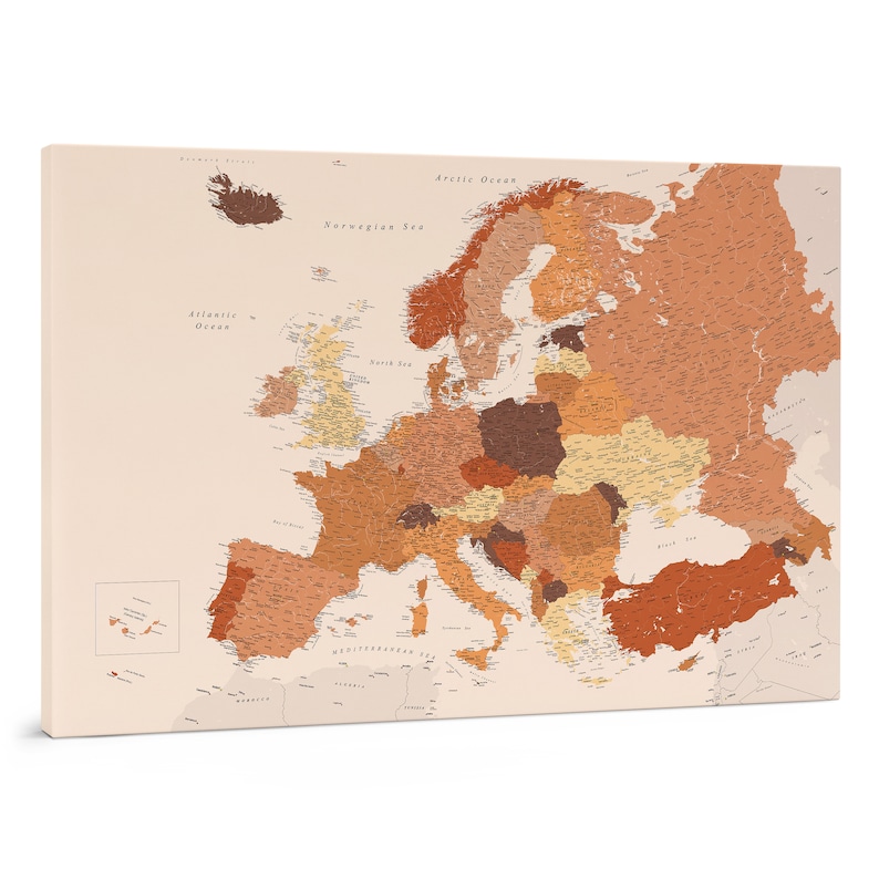 Large Europe Wall Map Brown - Push Pin Europe Map Canvas - Places ...