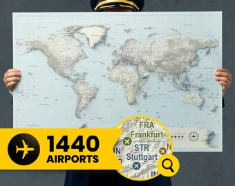 1,440 Airports World Map Poster: Personalized Aviation Wall Art Print with Airport Codes, Unique New Pilot Gift, Gift for Flight Attendants