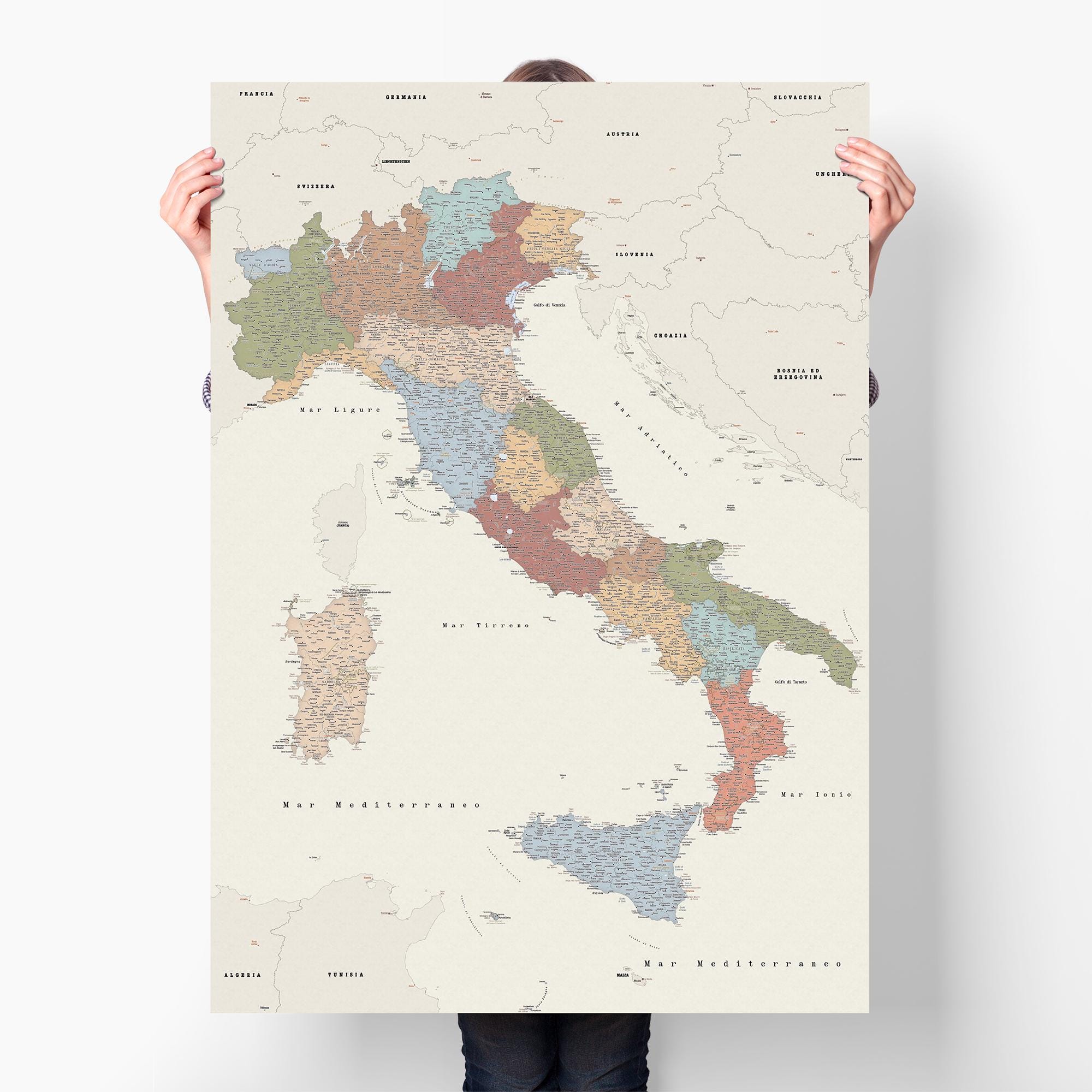 Large Map of Italy Showing Regions, Detailed Travel Wall Art With